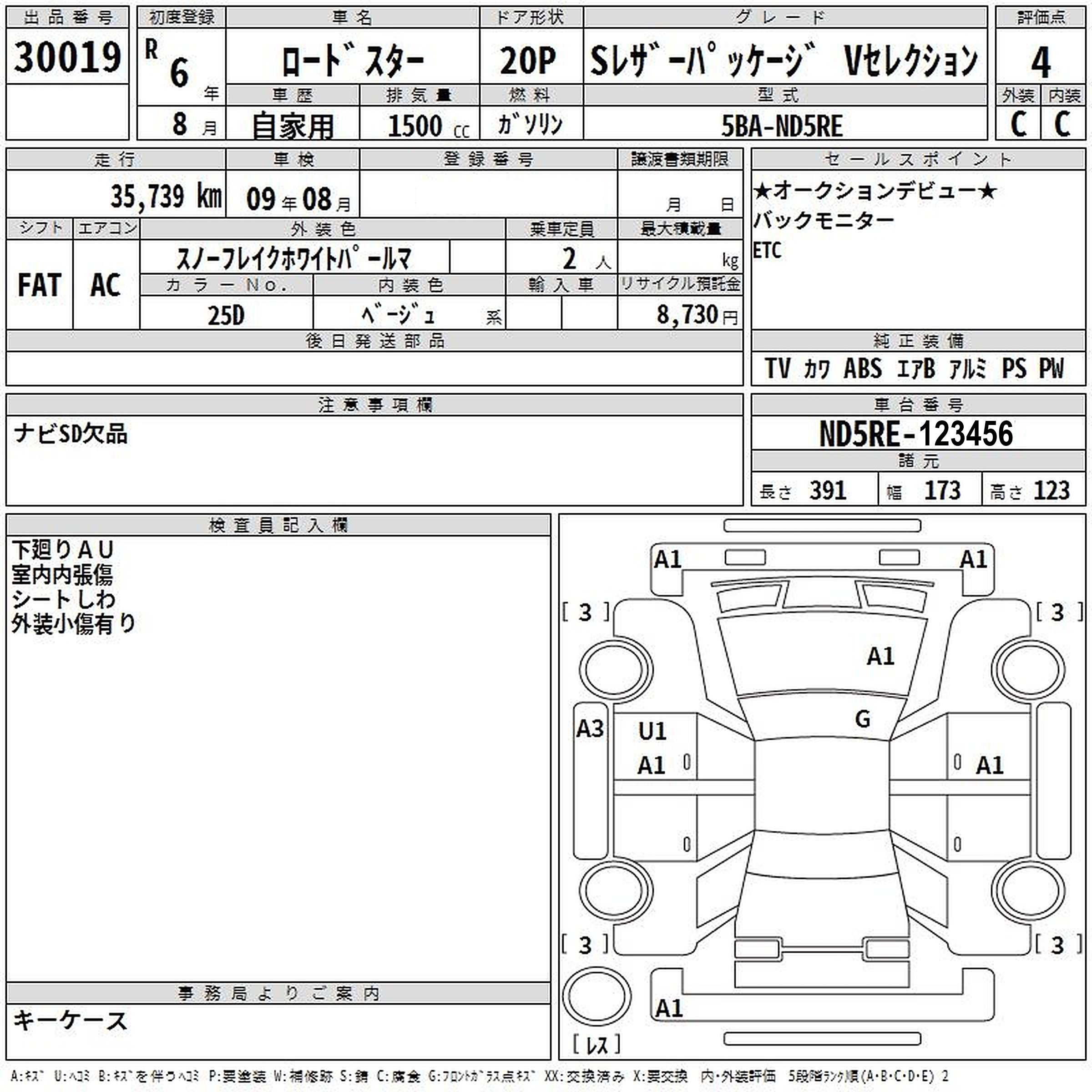 日本拍賣紙實例:Mazda Roadster,整體評級 4,外裝 C、內籠 C,車身 Diagram 標有 A1、U1